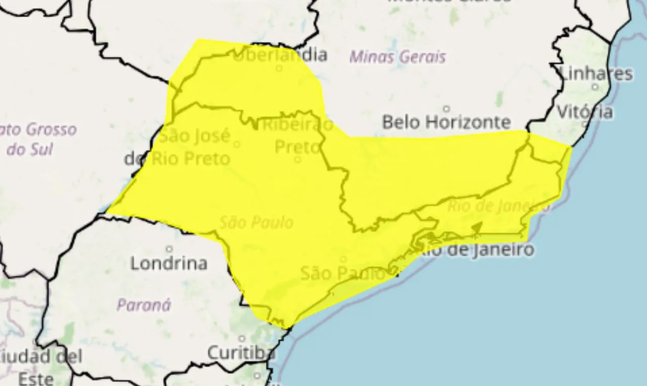 o mapa mostra &agrave;s &aacute;reas em alerta para chuva intensa e ventos em &aacute;reas do Sudeste, Centro-Oeste e Paran&aacute;